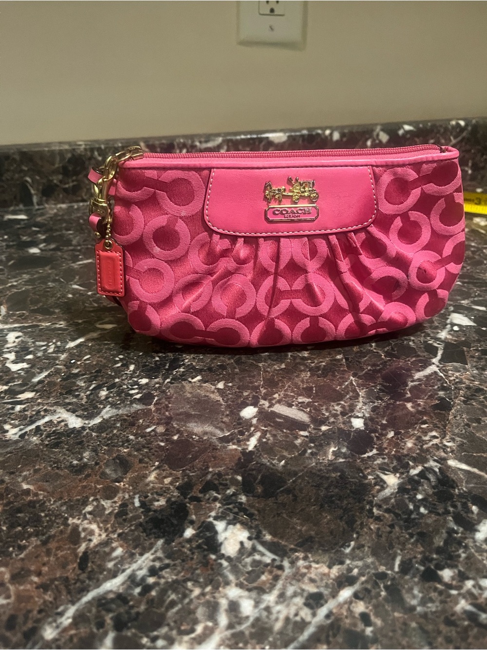 Coach Hot Pink Signature Wristlet with Black Interior